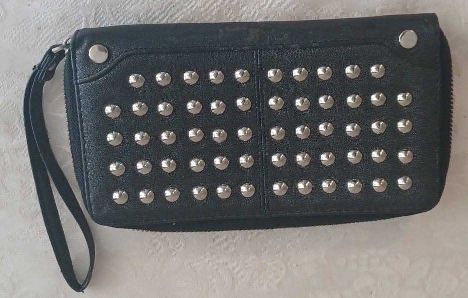 Black Faux Leather Rhinestone Studded Womans Btrell Wristlet Wallet Zippered