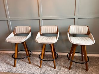 Set of 3 Modern Cream & Wood Swivel Bar Stools – Mid-Century Style