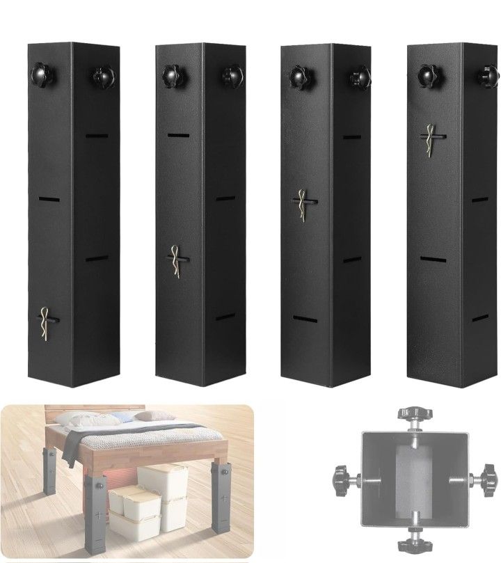 4-Pack Metal Bed Riser for Dorm Room, 3.15” Diameter Square Bed Frame Risers Adjustable Furniture Risers Lift to 11”, 8”, 5”, 3” Height, College Dorm 