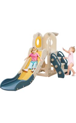 Freestanding Toddler Slide, 5 in 1 Kids Indoor Slide for Toddlers 1-3，L Shaped Slide with Basketball Hoop，Baby Slide for Indoor Outdoor for Boys and G