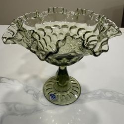 Vintage Green Fenton Ruffled Edge Cabbage Rose Compote 