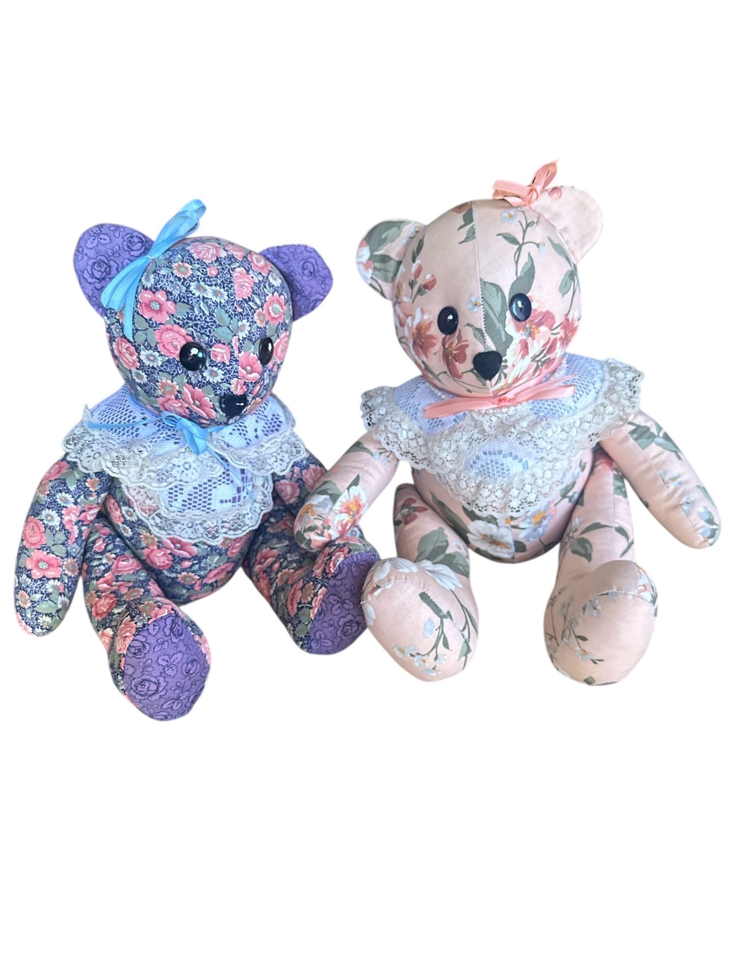 2 vintage, 16” handmade teddy bear, likely from the 1980s. It's crafted from a floral chintz fabric, giving it a distinct grandmillennial aesthetic. T