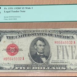 1928 F $5 Five Dollar Wide I, Legal Tender Note PCGS Very Fine Grade 20