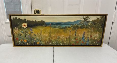 Framed Wildflower Meadow Landscape Canvas Wall Art – Gold Frame