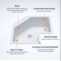 26.77-Inch White Undermount Corner Kitchen Sink – Irregular Quartz Single Bowl Sink with Advanced Noise Reduction for Modern Kitchens, White Quartz Sp