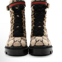 Gucci Covered Wool GG Monogram Lace Up Combat Ankle Boots 35 Beige Ebony Black 