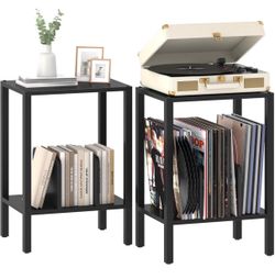 Black Metal Side Tables with Storage Shelf – Set of 2