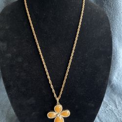 Gold Tone Flower Pendant Necklace, Honey Color Stone Inlay, Rhinestone Accent, Statement Jewelry