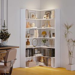 Corner Bookshelf, Freestanding L Shaped Display Shelf, 6 Tiers Bookcase with Baffles, Wooden Bookcase with Storage Organizer for Home Office, Living R
