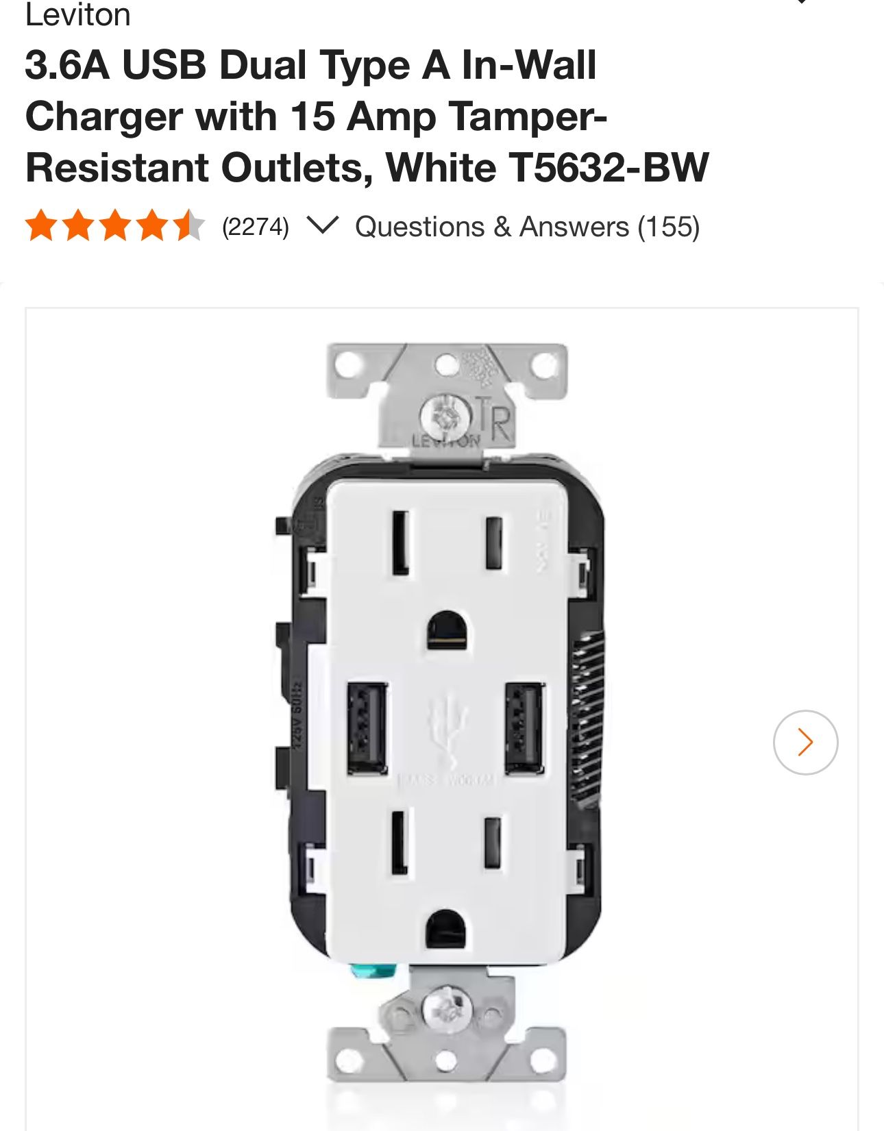 3.6A USB Dual Type A In Wall Charger with 15 Amp Tamper Resistant Outlets, White T5632 BW