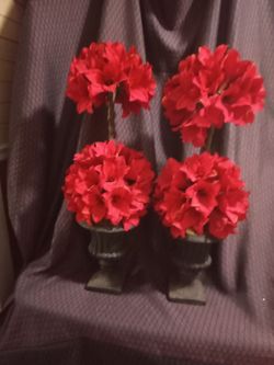 Pair of Red Silk Flower Topiary Arrangements