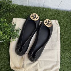 Tory Burch Black Leather Minnie Travel Ballet Flats Perfect Black/Gold Sz 9.5