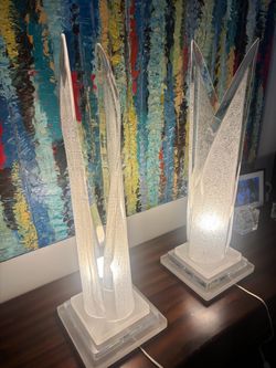 1960’s Mid- Century . Pair of vintage Hollywood Regency crackled Lucite freeform sculpture table lamps.  31” high , 10” square base .