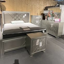 Champagne King Bed, Dresser, Mirror And One Nightstand