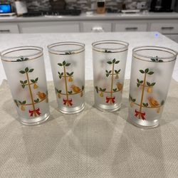 Set of 4 Frosted Glass Tumblers Gold Rim Bird & Fruit Tree Vintage 6 in