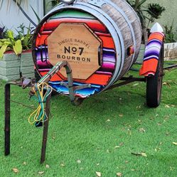 VINTAGE MOTORCYCLE WHISKEY BARREL TRAILER  WITH HITCH  MEXICAN BLANKET 