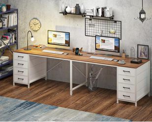 95" 2 Person Desk with 8 Fabric Drawers, Long Computer Desk Home Office Desk with Storage, Two Person Double Desks with Power Outlets, Brown and White