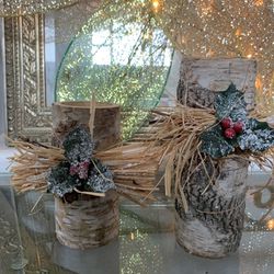 Wood Winter Holiday Mistletoe Berry Candle Holders- set of 2 !!!