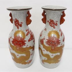 Pair Chinese red on white crackleware vases, 9.6"Hx4.2"dia   