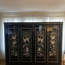 Oriental Armoire Black Lacquer With Mother of Pearl Inlays