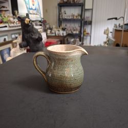 Handmade Studio Pottery Creamer Or Small Pitcher With Multicolor Glaze & Potter's Mark At Base Of Handle 3.5"H X 4.5"W