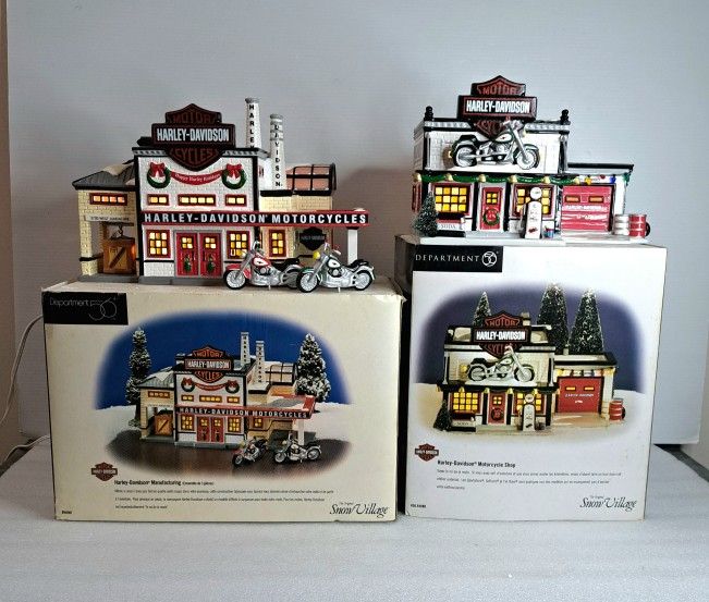 Dept 56 Snow Village Harley-Davidso n Manufacturing Motorcycle Shop Set 4 Retire