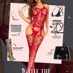 Women Fishnet Bodystocking Attached Stockings Sexy Lingerie Crotchless Bodysuit One Piece