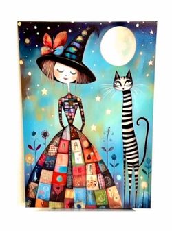 Whimsical Starry Night Girl & Cat Wall Art Canvas