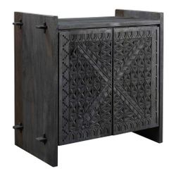Pair, World Market RAQUEL CARVED WOOD STORAGE CABINET | 2-DOOR | RECLAIMED ACACIA WOOD