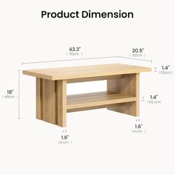 ModernMate 43" Coffee Table with Storage, Modern Center Table with Open Shelf, Thick Tabletop and Fluted Side Panels for Living Room, Natural