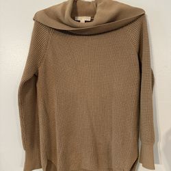 Michael Kors Camel Tan High Cowl Neck Mix Knit Fold Over Sweater, size M