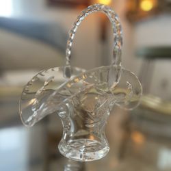 Vintage Etched Rose Clear Glass Basket W/ Handle