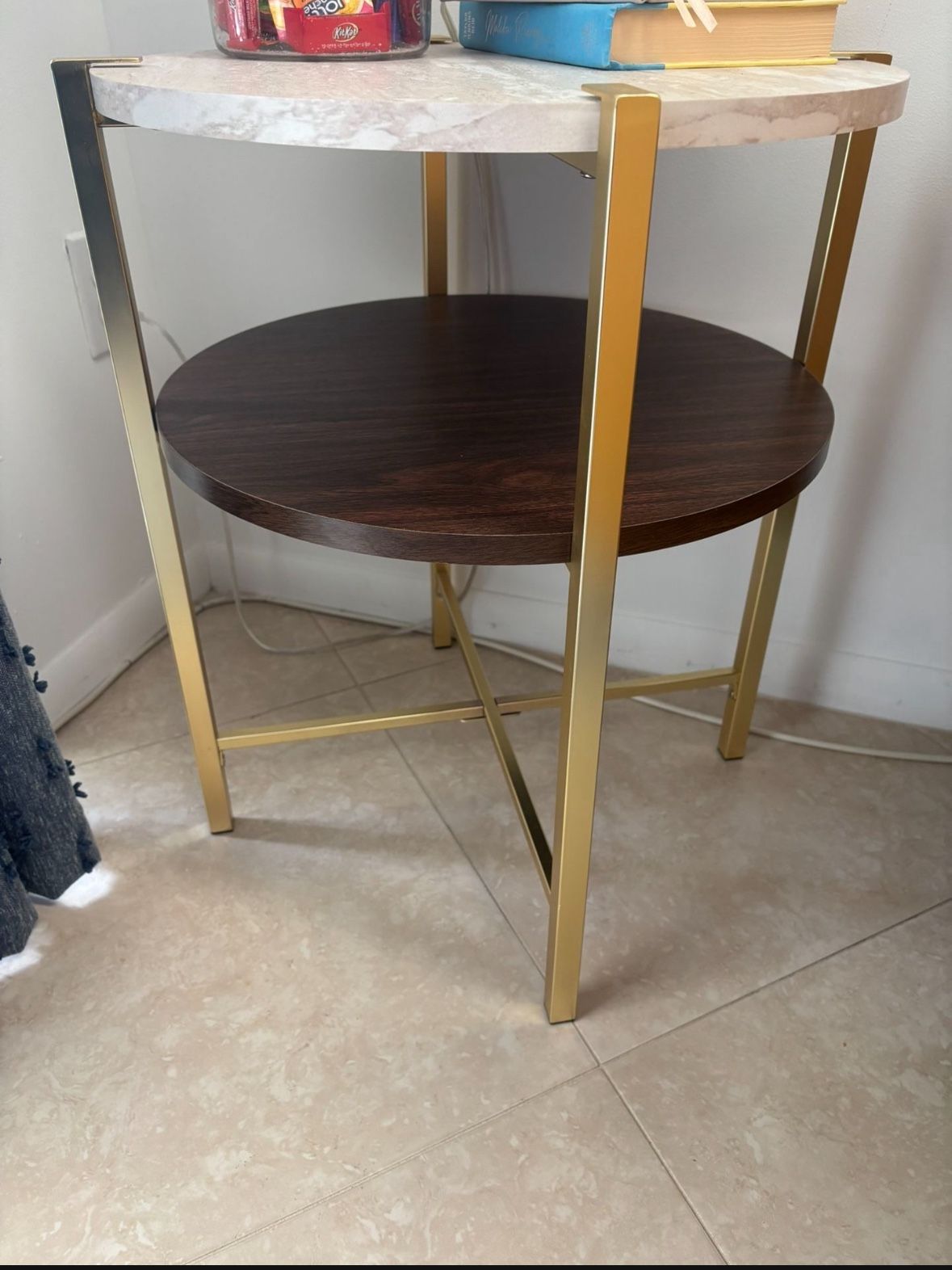 White And Brown End Table With Gold Legs
