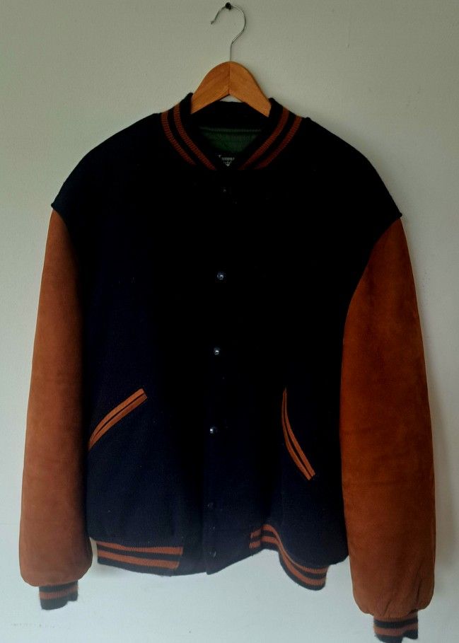 Hammacher Schlemmer Blue Wool & Leather Varsity Baseball Jacket Men's XL