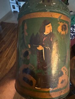 Antique Chinoiserie Toleware Hand painted Large Tea Canister with Asian Motif