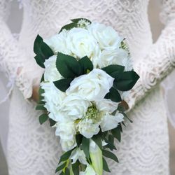 Wedding Bridal Bouquet, Bride Artificial Rose Flowers with Ribbons, Bridesmaid Fake Flower Bunch
