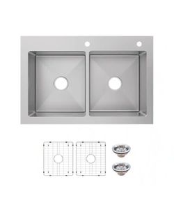 Glacier Bay Tight Radius 33 in. Drop-In 50/50 Double Bowl 18 Gauge Stainless Steel Kitchen Sink with Accessories