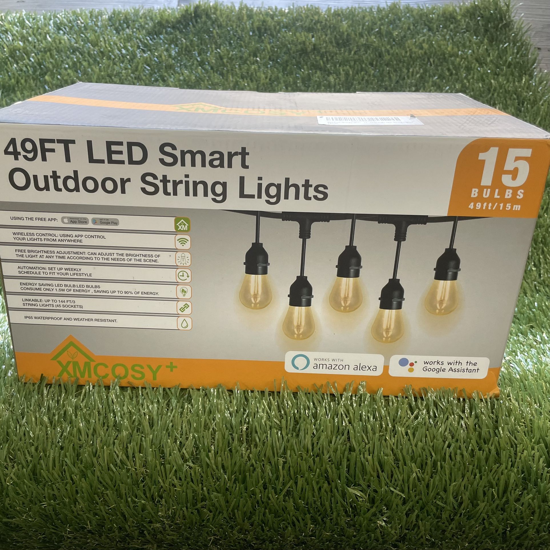 49 Ft Outdoor LED String Lights , Smart Patio Lights 15 Led Bulbs. App Wifi Control, Adjustable Brightness.