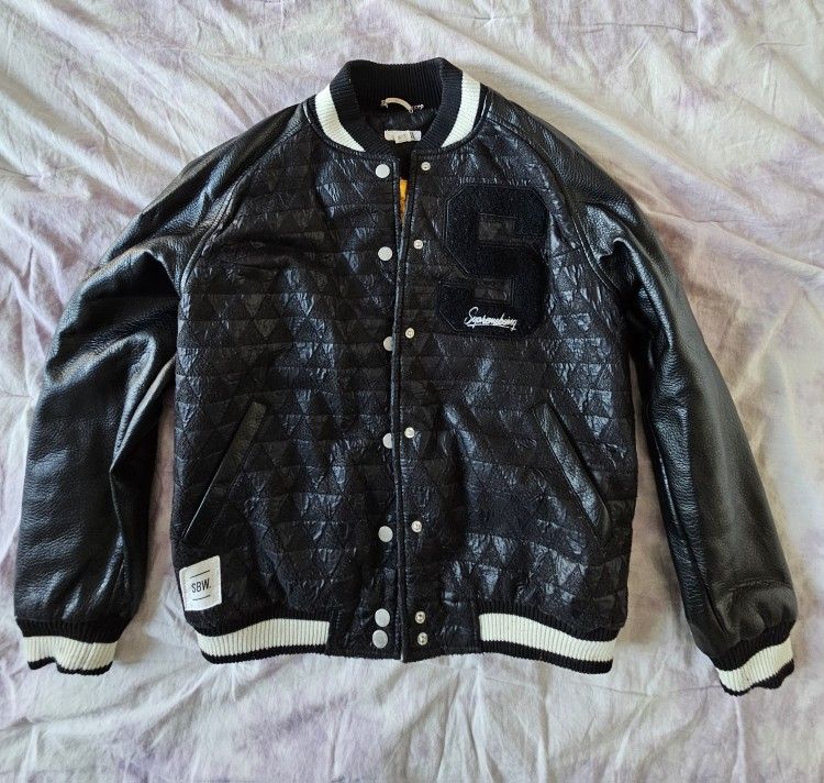 SUPREME BEING pleather leather varsity bomber jacket satin lining pockets button like new