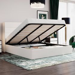 King Size Lift Up Hydraulic Storage Bed Frame White Modern Wingback Headboard, Upholstered Platform Bed Frame, Hydraulic Underneath Storage, No Box Sp