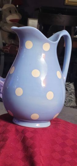 Light Blue Pitcher with Poka Dots 10" Tall