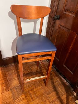Wood Bar Stool with Blue Padded Seat