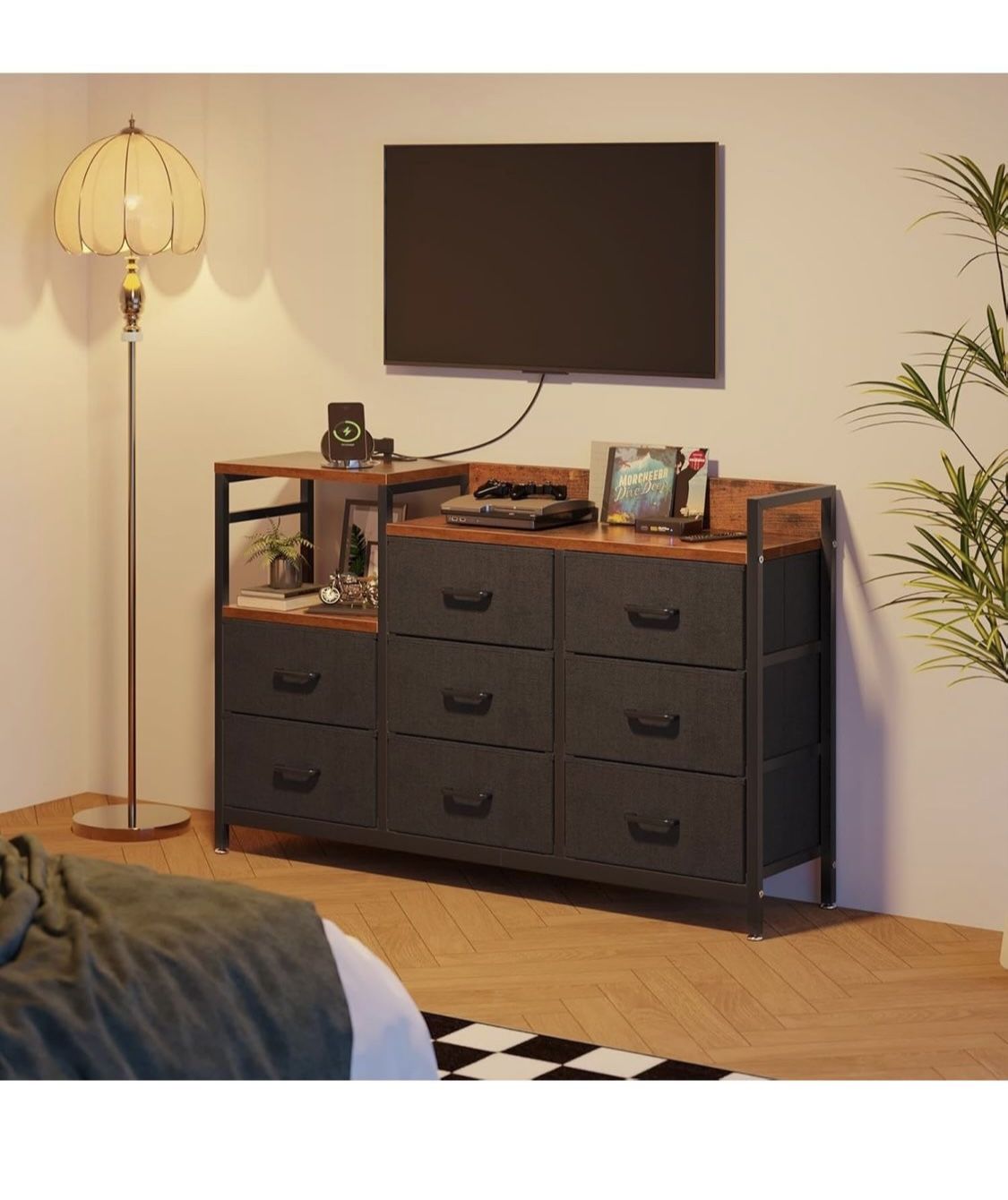 Dresser with Charging Station, 52-Inch Long Dresser for Bedroom with 8 Storage Drawers, Fabric Dressers