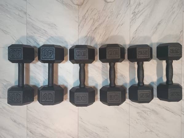 (BRAND NEW)HEX DUMBBELLS PAIR 40LB, 30LB, 25LB DURABLE RAPTOR COATING - $190 (Harahan)