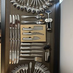 Complete 8-Person Dining Set – Bronze Stoneware + Premium Flatware + Glassware (Like New)