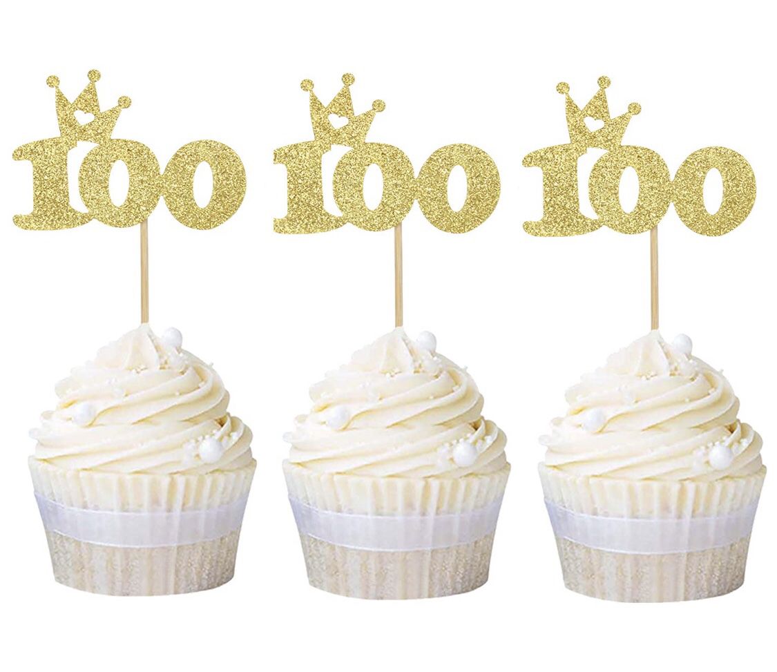 24 Pack Number 100 Cupcake Toppers Gold Glitter 100th Cupcake Picks Birthday Party Cake Decoration Supplies