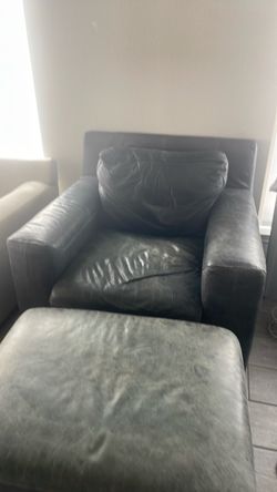 Dark Gray Leather Armchair with Ottoman