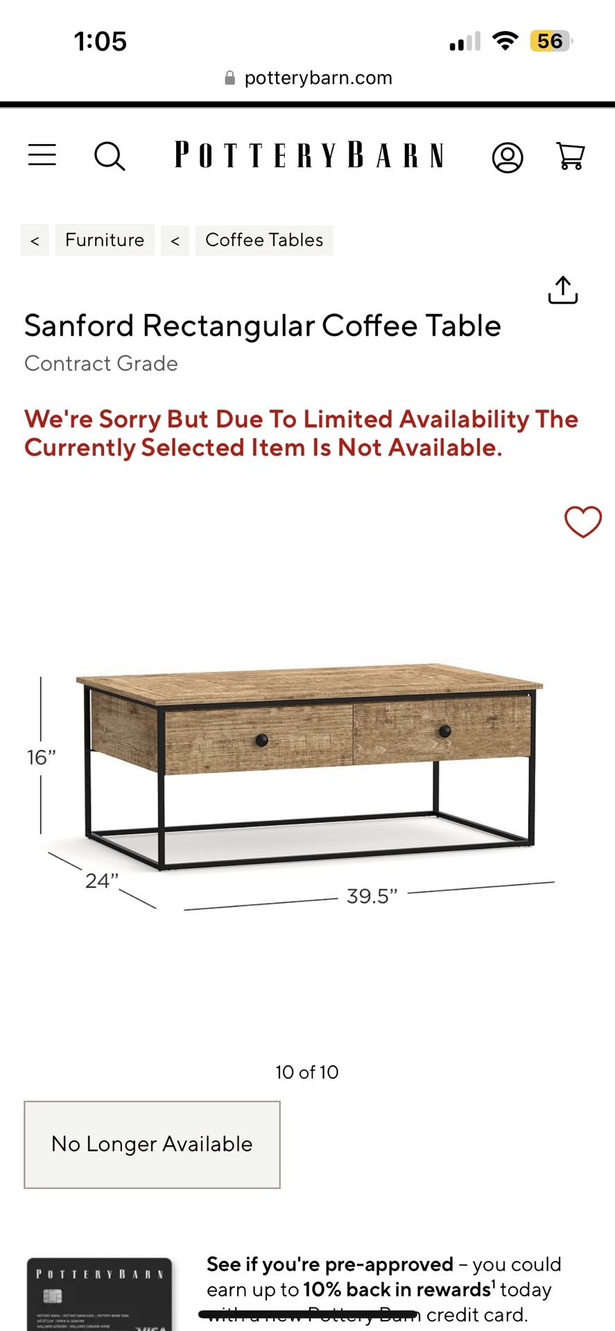 Pottery Barn Sanford Coffee Table. New