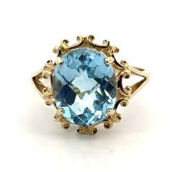 Woman’s Ladies 10k Yellow Gold Light Blue Oval Cut Stone Ring Size 7 GP3126318