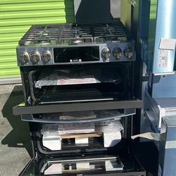 GE Profile 30 in. 5 Burner Smart Slide-In Double Oven Gas Range in Fingerprint Resistant Stainless with True Convection